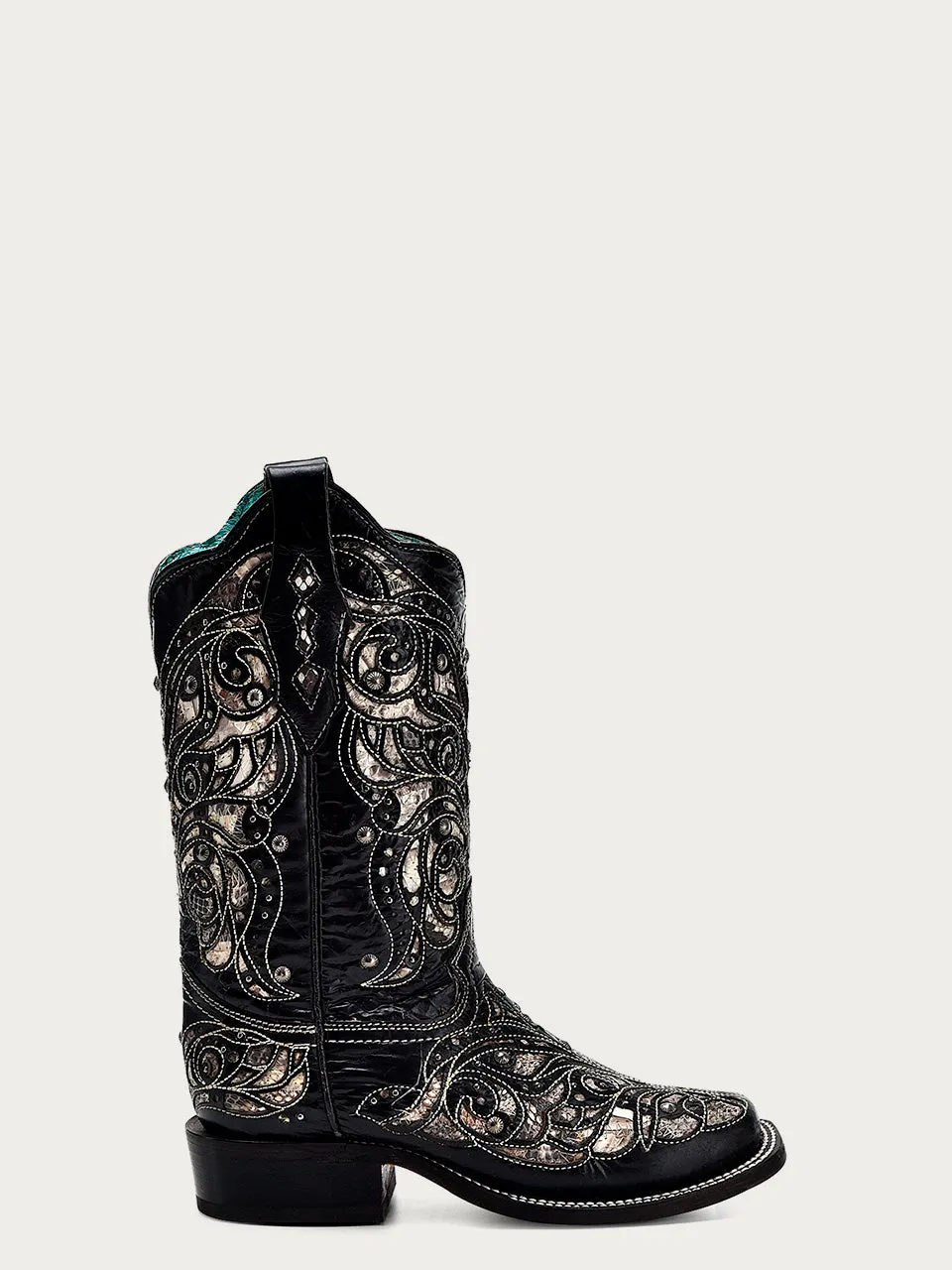 A4133 - WOMEN'S PYTHON INLAY BLACK SQUARE TOE COWBOY BOOT