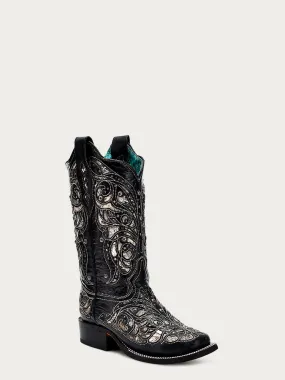 A4133 - WOMEN'S PYTHON INLAY BLACK SQUARE TOE COWBOY BOOT