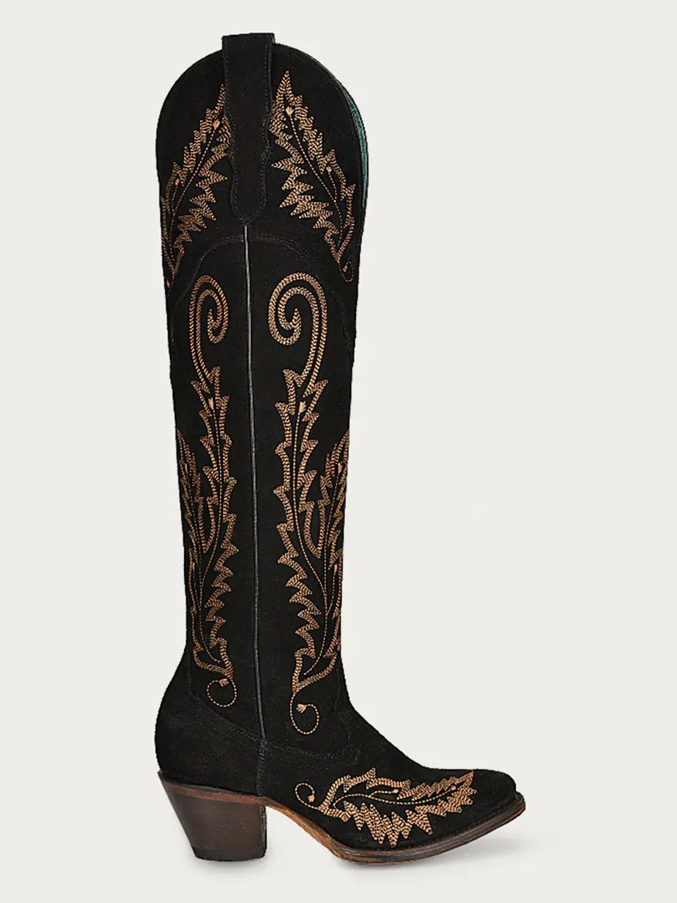 A4404 - WOMEN'S GOLD EMBROIDERY BLACK SUEDE TALL TOP J TOE COWBOY BOOT