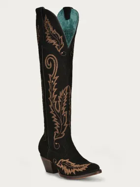 A4404 - WOMEN'S GOLD EMBROIDERY BLACK SUEDE TALL TOP J TOE COWBOY BOOT