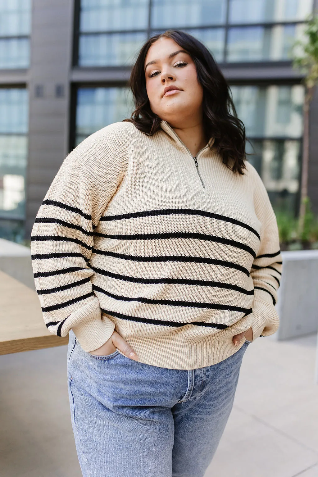 Ampersand Avenue - HalfZip Sweater Cream & Black Stripe