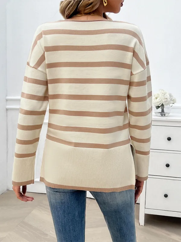 Autumn and winter women's loose contrast color v-neck long-sleeved sweater