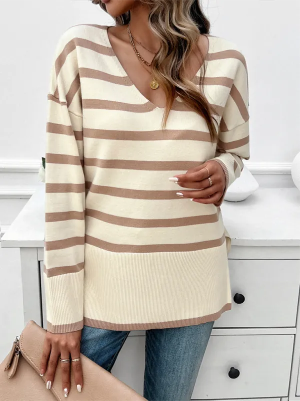 Autumn and winter women's loose contrast color v-neck long-sleeved sweater