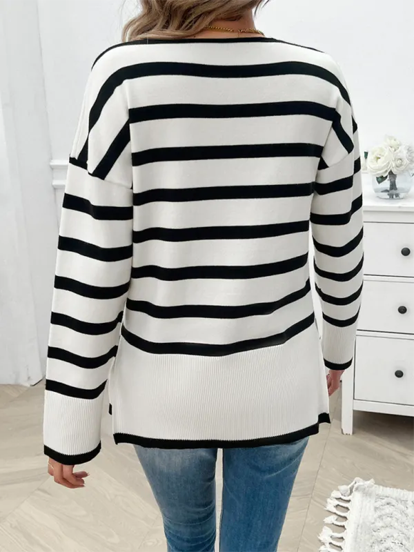 Autumn and winter women's loose contrast color v-neck long-sleeved sweater