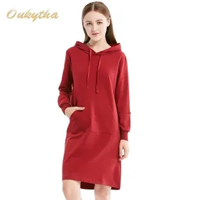 Autumn Sweaters & Pullovers Loose Solid Large Size Straight Students Long Sleeved Red Casual Hedging Hooded Women Oukytha M15469