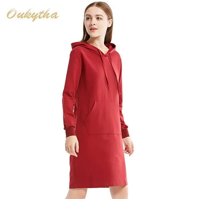 Autumn Sweaters & Pullovers Loose Solid Large Size Straight Students Long Sleeved Red Casual Hedging Hooded Women Oukytha M15469