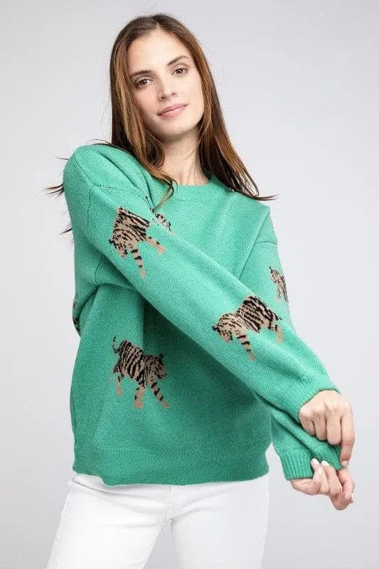 BiBi Tiger Prowl Pattern Sweater, Jade