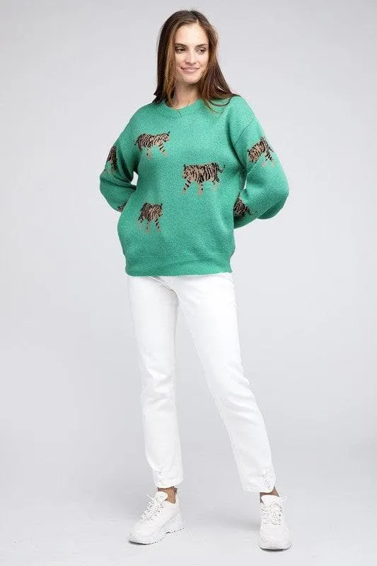 BiBi Tiger Prowl Pattern Sweater, Jade