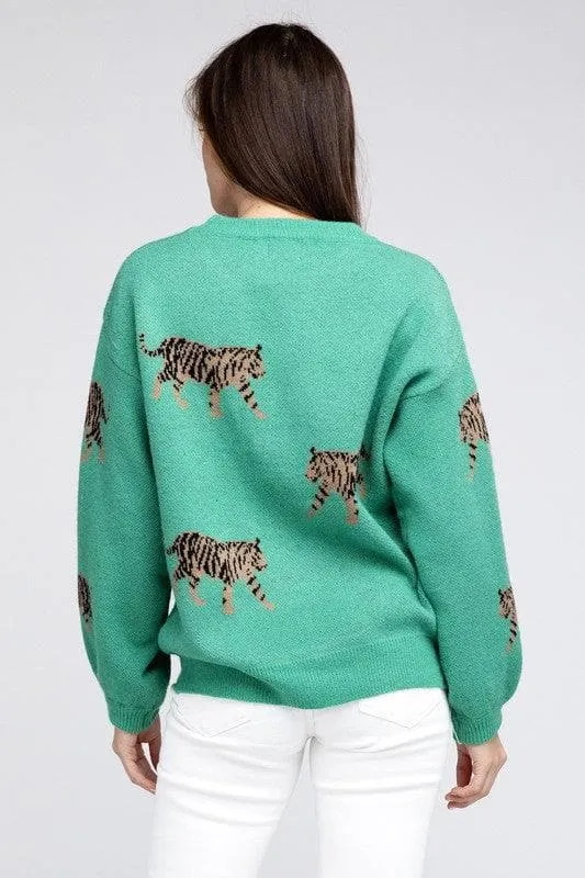 BiBi Tiger Prowl Pattern Sweater, Jade