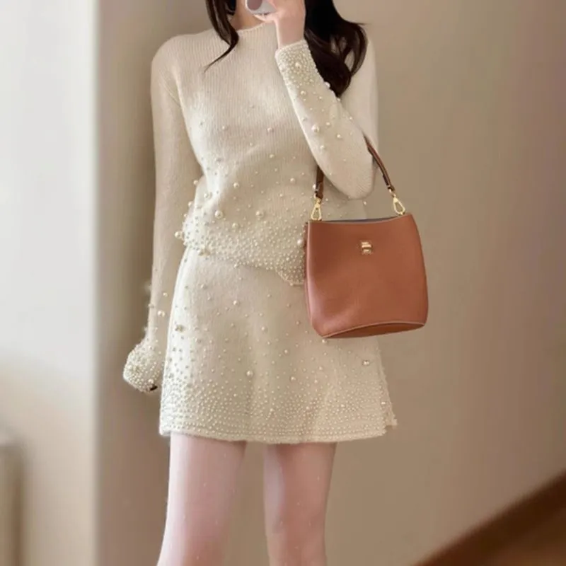 Bling Bling Luxury Pearl Beaded Embellished Knitted Jumper Sweaters With Skirt Set