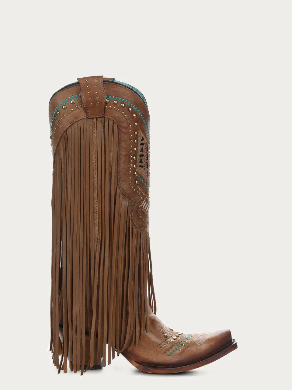 C2910 - WOMEN'S CRYSTALS PATTERN EMBROIDERY AND FRINGE SNIP TOE BROWN COWBOY BOOT