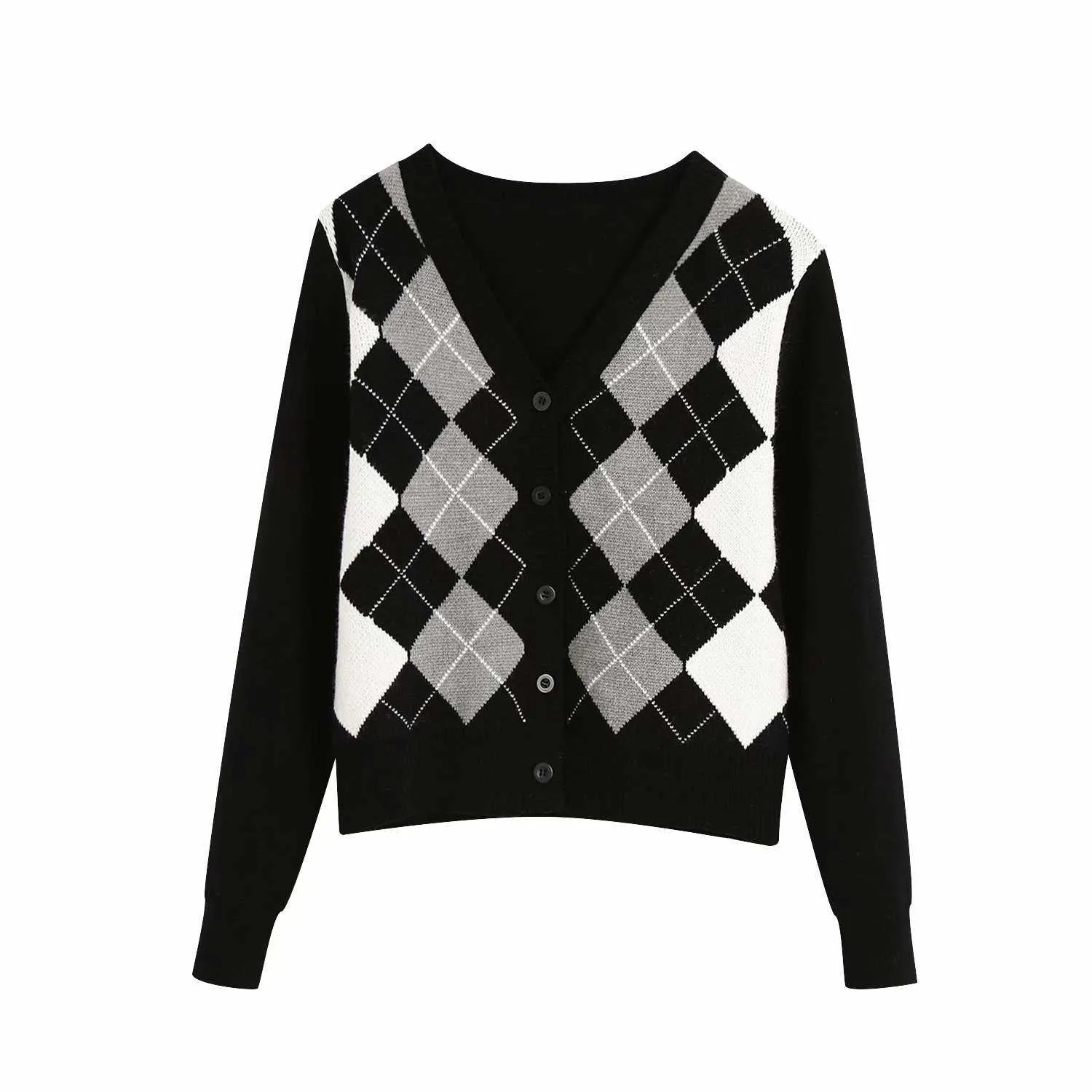 Classic Retro Color block Argyle Print Button Down Sweaters