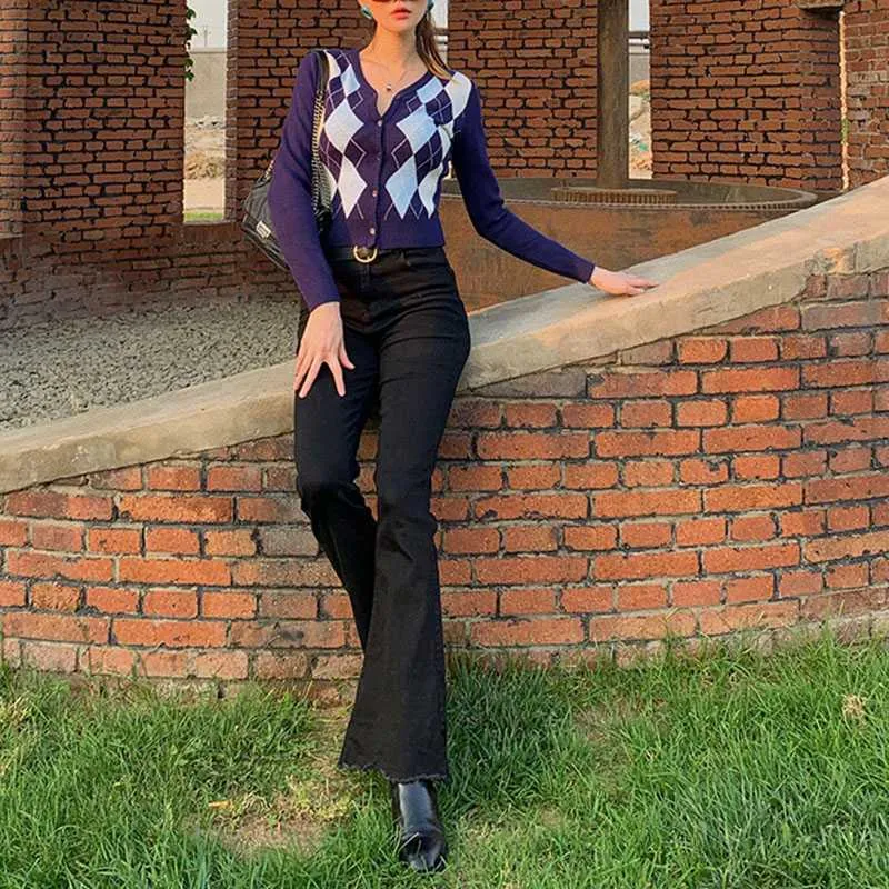 Classic Retro Color block Argyle Print Button Down Sweaters