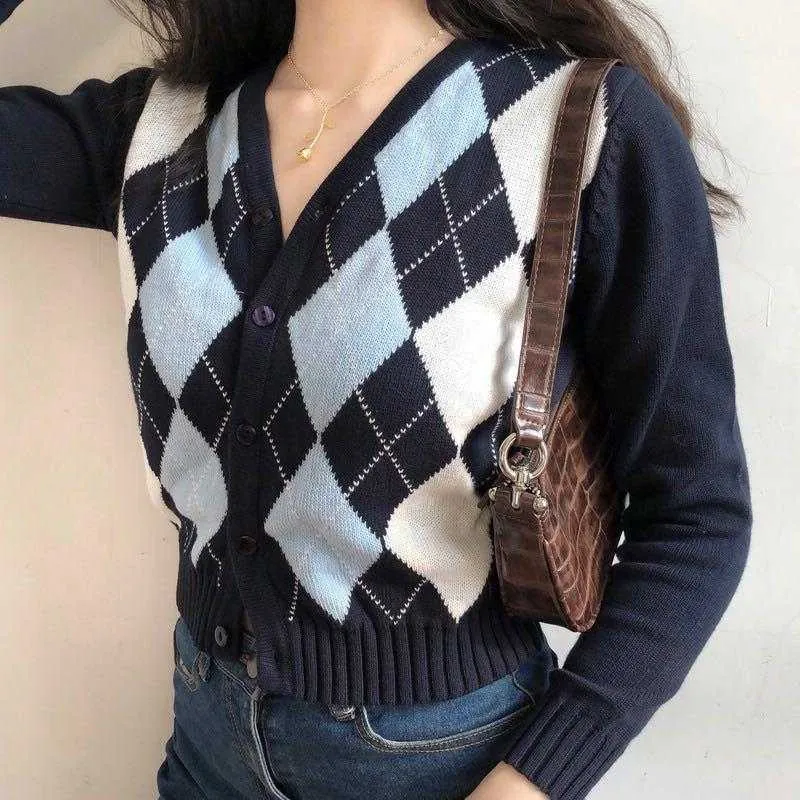 Classic Retro Color block Argyle Print Button Down Sweaters