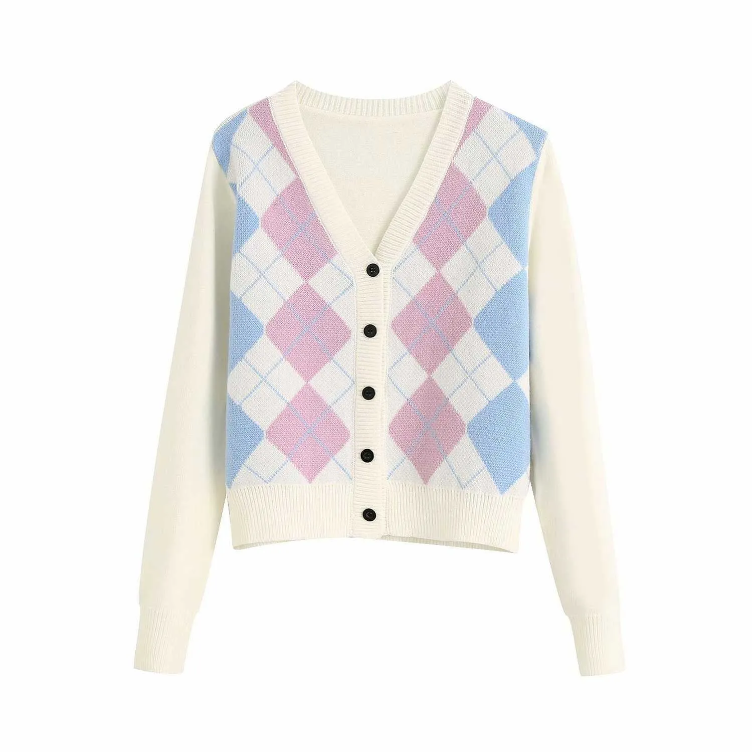 Classic Retro Color block Argyle Print Button Down Sweaters