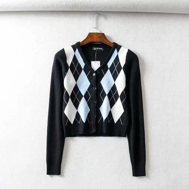 Classic Retro Color block Argyle Print Button Down Sweaters