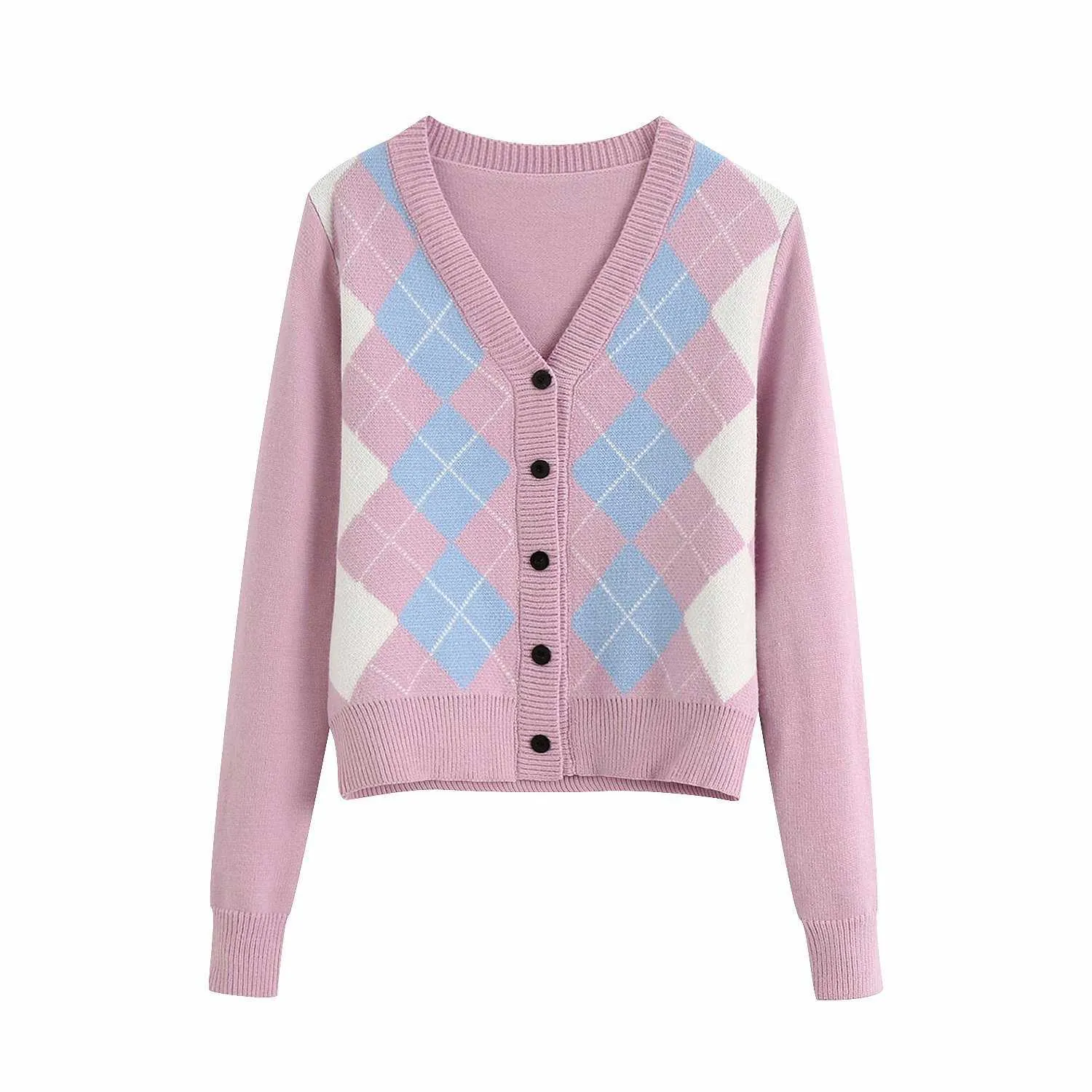 Classic Retro Color block Argyle Print Button Down Sweaters