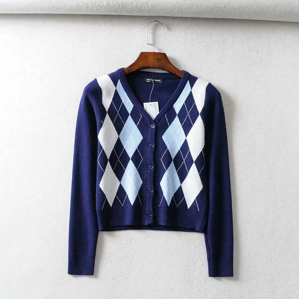 Classic Retro Color block Argyle Print Button Down Sweaters