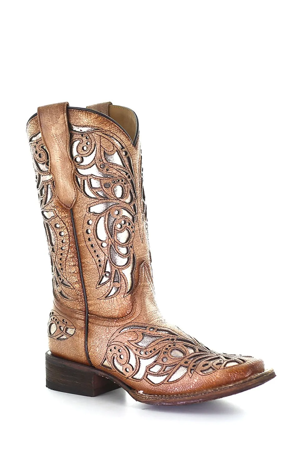 Corral Youth Girls T0104 Beige Leather 11in Butterfly Inlay Cowboy Boots