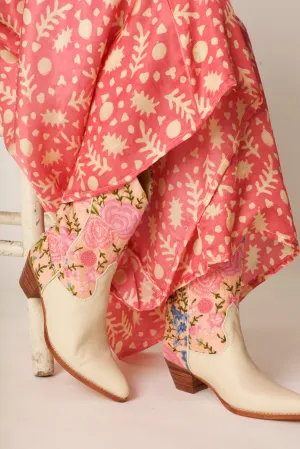 CREAM LEATHER PINK SILK FLOWER EMBROIDERED LA