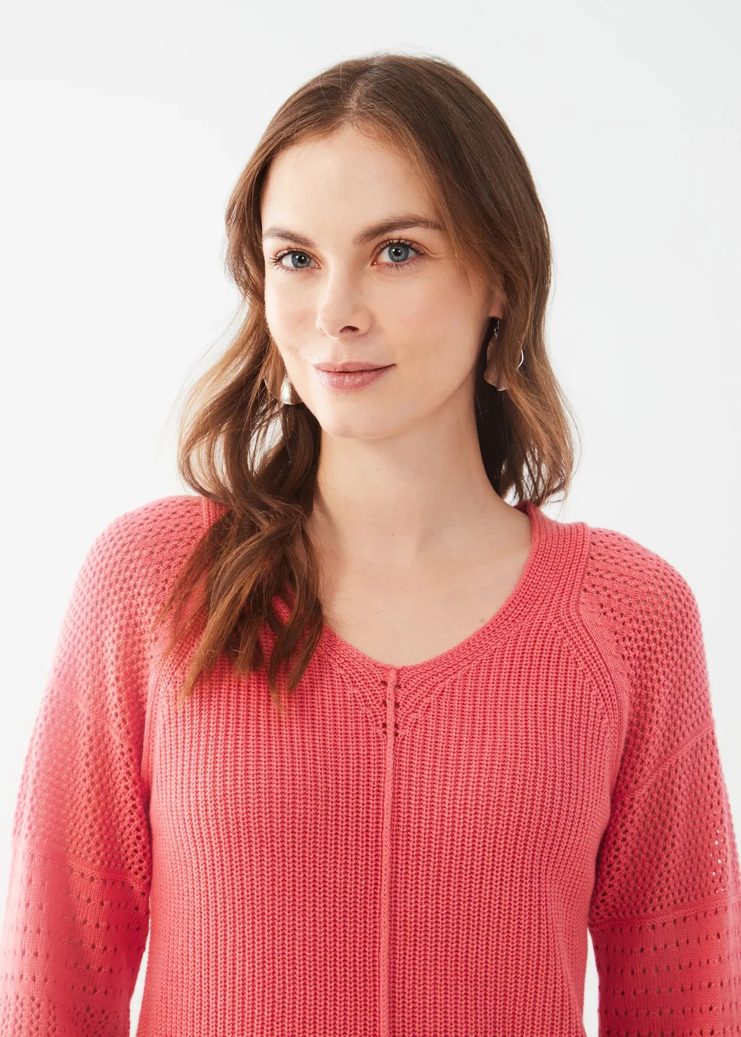 FDJ Pointelle Sleeve V Neck Sweater  | Flamingo Pink