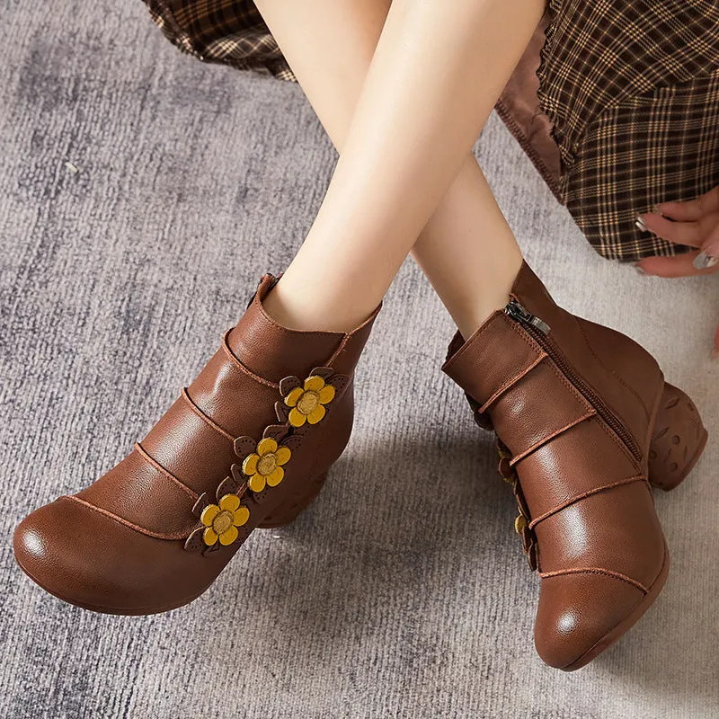 Retro Flowers Leather Casual Wedge Boots