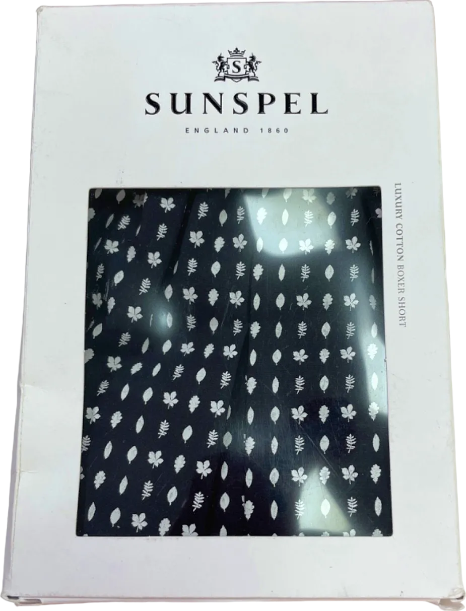 Sunspel Navy/White Leaf Print Cotton Boxer Short UK S