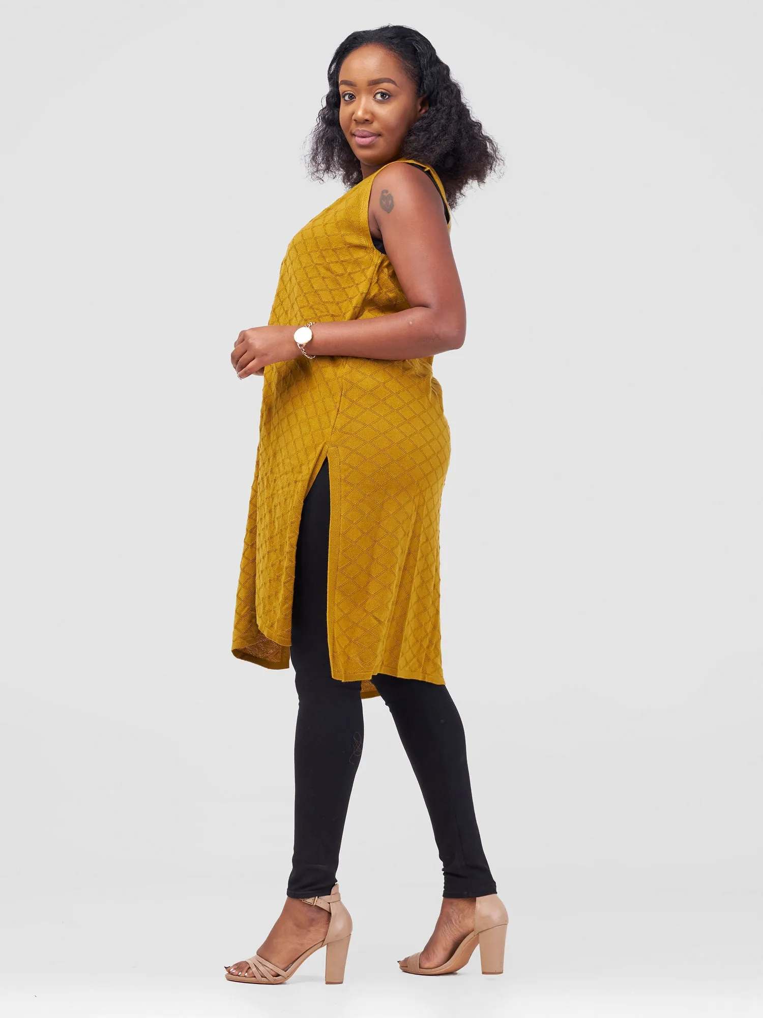 Vivo Sleeveless Side  Slit Midi  Waterfall - Mustard